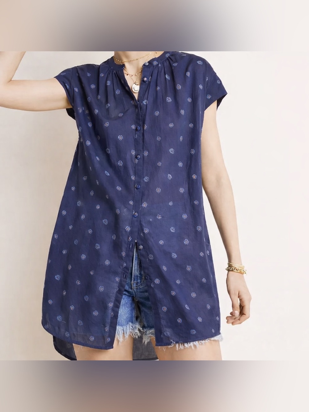 Anthropologie Pilcro Navy Floral Lace‑Back Button Up Cotton Tunic Top XL